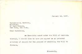 [Carta] 1957 jan. 12, [New York] [a] Madeleine S. Redditt, New York