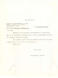 [Carta] 1957 may. 29, New York [a] Clerk of the Surrogate's Court, New York