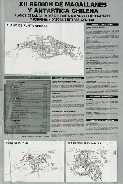 XII Región de Magallanes y Antártica Chilena planos de las ciudades de Punta Arenas, Puerto Natales y Porvenir y datos de interés general.