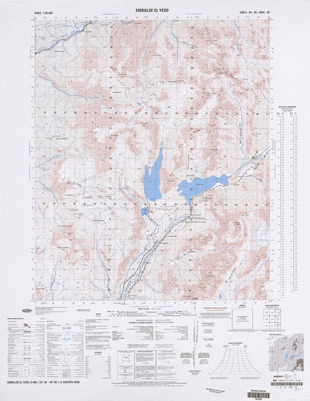 Embalse El Yeso (33° 30' - 70° 00')  [material cartográfico] preparado y publicado por el Instituto Geográfico Militar.
