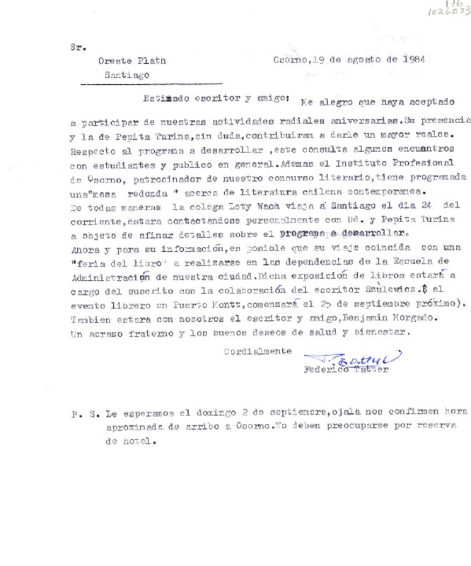 [Carta] 1984 agosto 19, Osorno, Chile [a] Oreste Plath  [manuscrito] Federico Tatter Oñate.