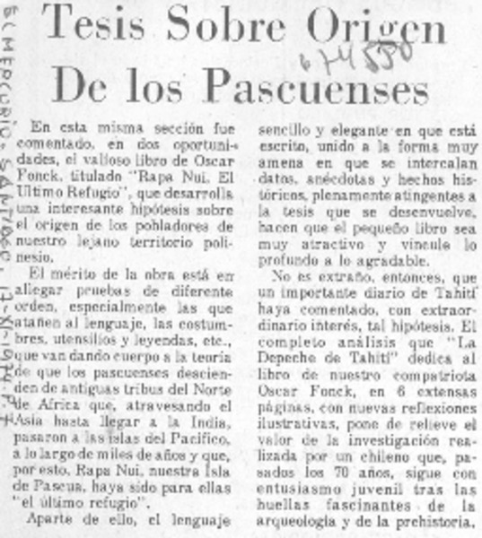 Tesis sobre origen de los pascuenses Tesis sobre origen de los pascuenses