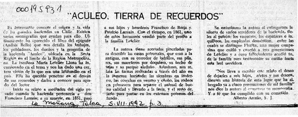 "Aculeo, tierra de recuerdos"  [artculo] Alberto Arrao.