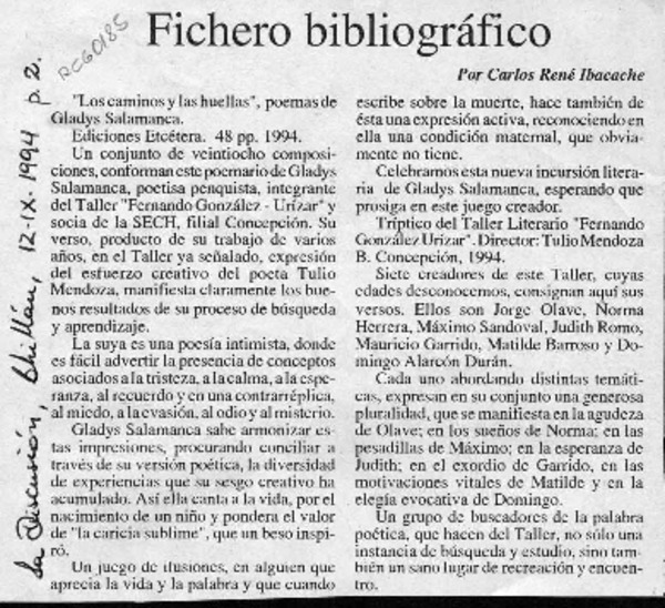 Fichero bibliogrfico  [artculo] Carlos Ren Ibacache.