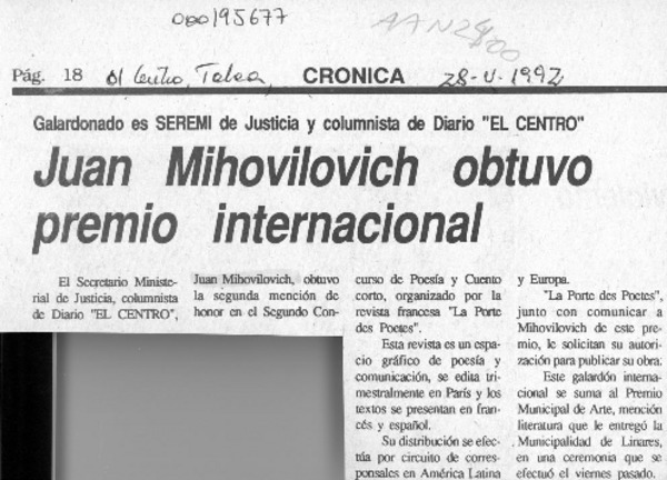 Juan Mihovilovich obtuvo premio internacional