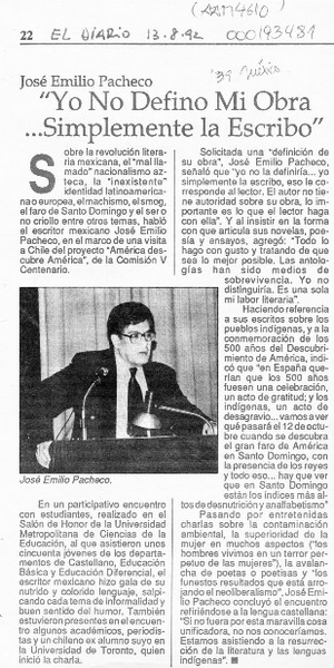 "Yo no defino mi obra -- simplemente la escribo"  [artculo].