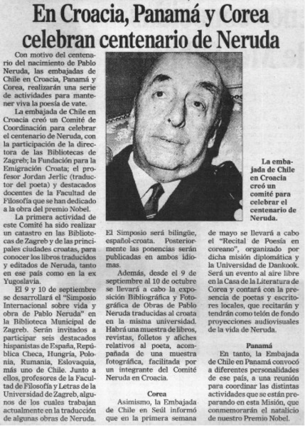 En Croacia, Panam y Corea celebran centenario de Neruda.
