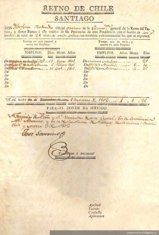 Reyno de Chile Santiago. Don Ildef... Redondo, Oficial quinto de la Contaduria General de la Renta de Tabaco, y demas ramos á ella unidos de las provincias de esta Presidencia ... Santiago de Chile 8 de marzo de 1802