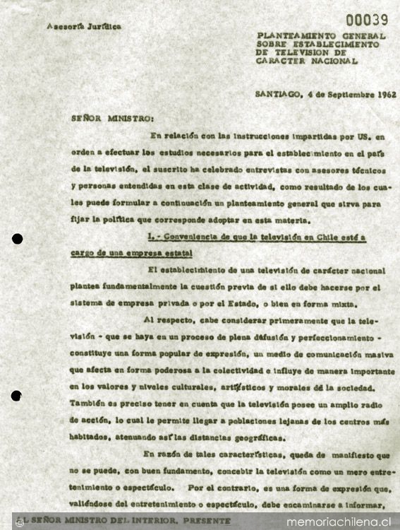 Planteamiento general sobre establecimiento de television de caracter nacional
