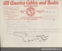 [Telegrama] 1945 nov. 18, París, [Francia] [a] Gabriela Mistral, Rio de Janeiro, [Brasil][manuscrito] /Oscar Schnake, Raúl Molina