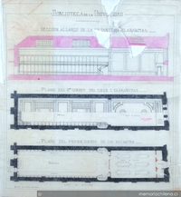 Biblioteca de la Universidad: sección de largo de estantarías y claraboyas, 1884