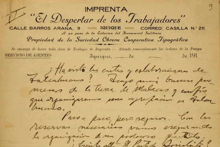 Correspondencia de Luis Emilio Recabarren a Alberto Martínez. Iquique, 1912-1915. Archivo Nacional. Fondos Varios, vol.1157. Foja 9. Correspondencia de Luis Emilio Recabarren a Alberto Martínez. Iquique, 1912-1915. Archivo Nacional. Fondos Varios, vol.1157. Foja 9.