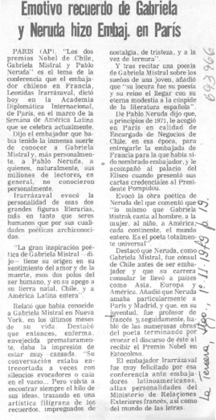 Emotivo recuerdo de Gabriela Mistral y Neruda hizo embaj. de París.