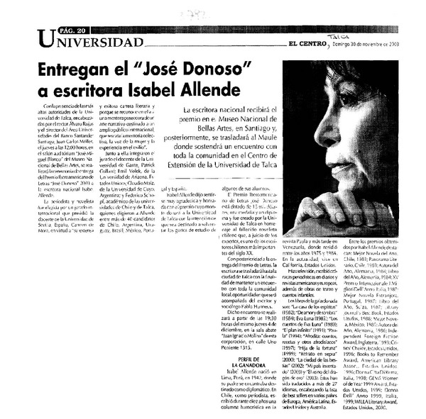 Entregan el José Donoso a escritora Isabel Allende