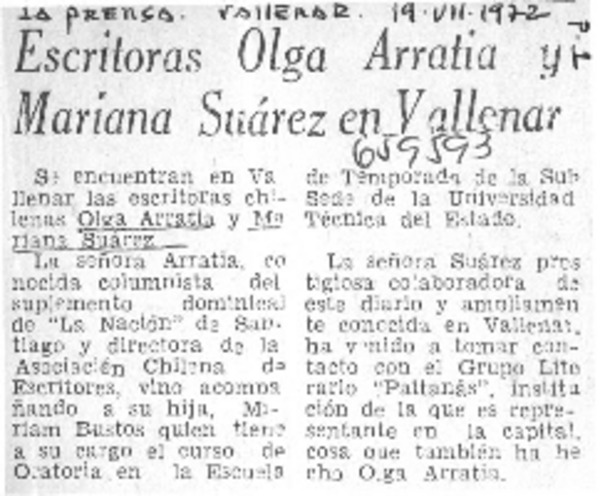 Escritoras Olga Arralia y Mariana Suárez en vallenar.  [artículo]