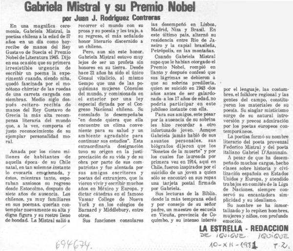 Gabriela Mistral y su premio nobel