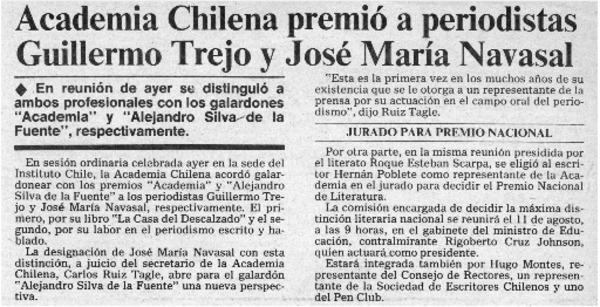 Academia Chilena premió a periodistas Guillermo Trejo y José María Navasal.