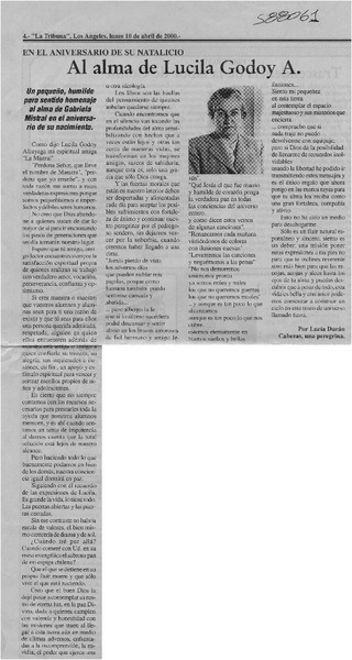 Al alma de Lucila Godoy A.  [artículo] Lucía Durán Cabezas