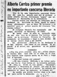 Albero Carrizo primer premio en importante concurso literario.  [artículo]