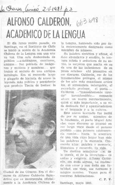 Alfonso Calderón, académico de la lengua  [artículo] C.P.V.