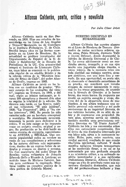 Alfonso Calderón, poeta, crítico y novelista  [artículo] Julio César Jobet.