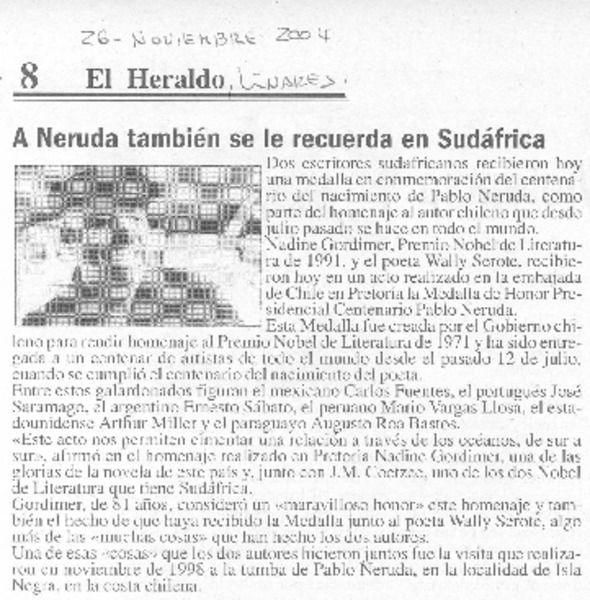 A Neruda se le recuerda en Sudáfrica