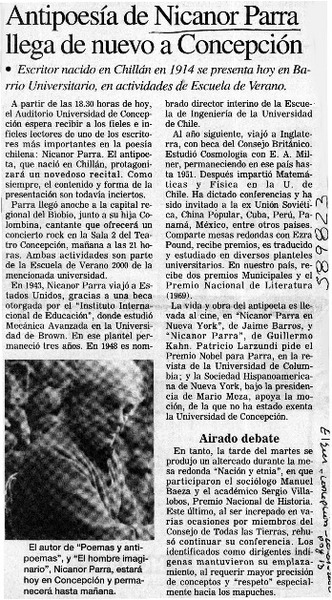 Antipoesía de Nicanor Parra llega de nuevo a Concepción  [artículo]