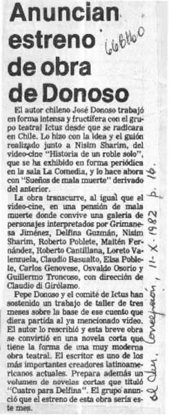 Anuncian estreno de obra de Donoso.  [artículo]