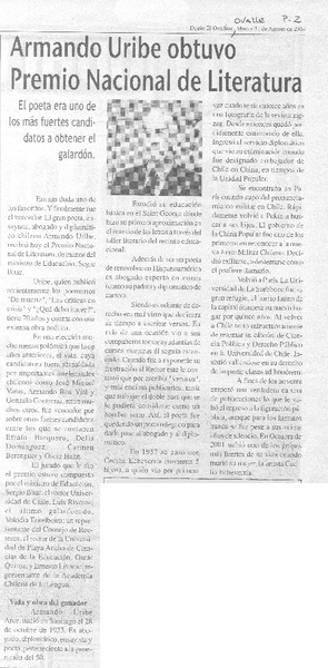 Armando Uribe obtuvo Premio Nacional de Literatura