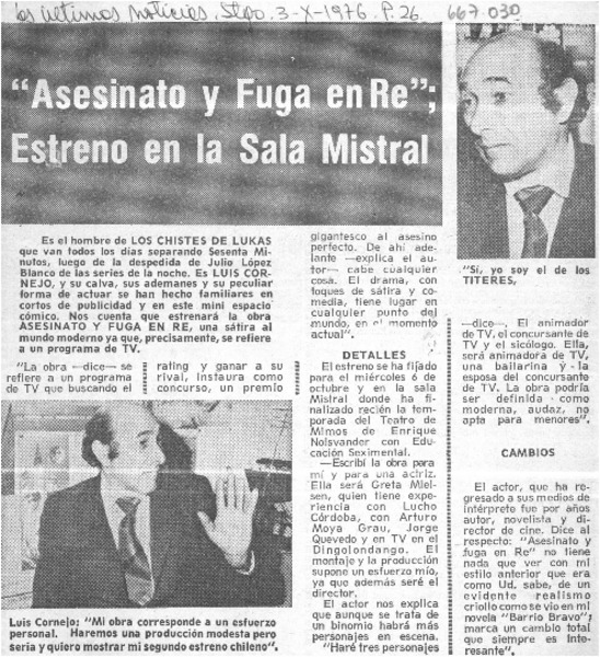 Asesinato y fuga en re"; estreno en la sala Mistral  [artículo]