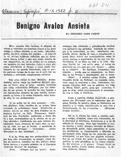 Benigno Avalos Ansieta  [artículo] Medardo Cano Godoy.