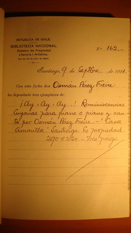Registro de Propiedad Intelectual de la canción "Ay, ay, ay" de Osmán Pérez Freire Registro de Propiedad Intelectual de la canción "Ay, ay, ay" de Osmán Pérez Freire