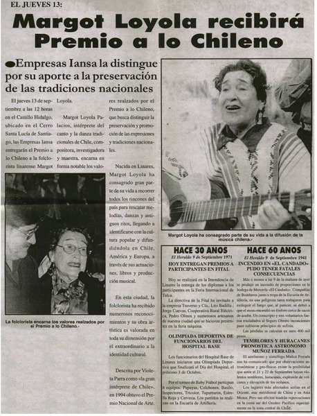 Margot Loyola recibirá Premio a lo chileno.