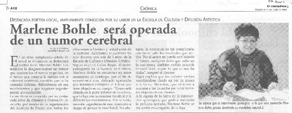 Marlene Bohle será operada de un tumor cerebral