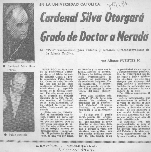 Cardenal Silva otorgará grado de doctor a Neruda
