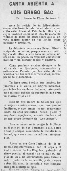 Carta abierta a Luis Drago Gac