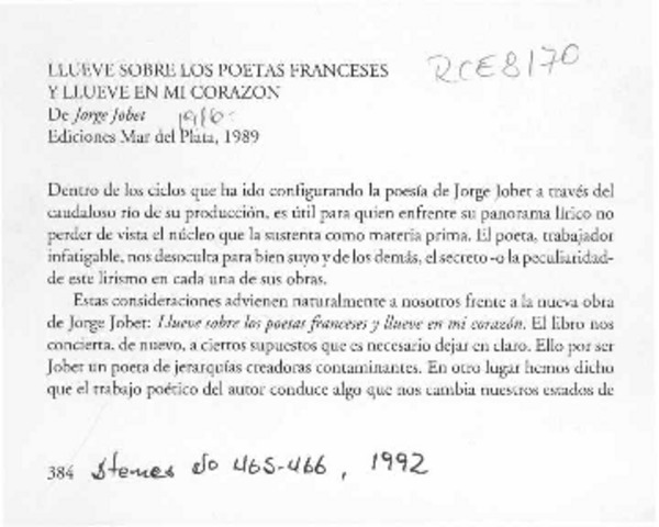 Llueve sobre los poetas franceses y llueve en mi corazón  [artículo] Antonio Campaña.