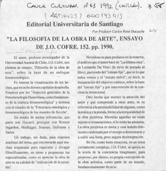 "La filosofía de la obra de arte", ensayo de J. O. Cofré