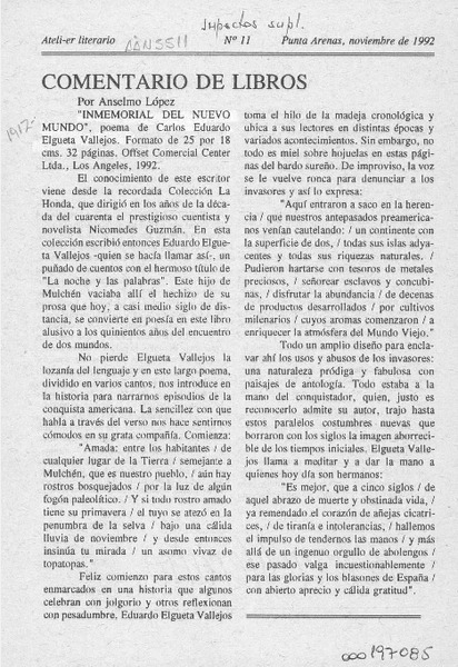 Comentario de libros  [artículo] Anselmo López.