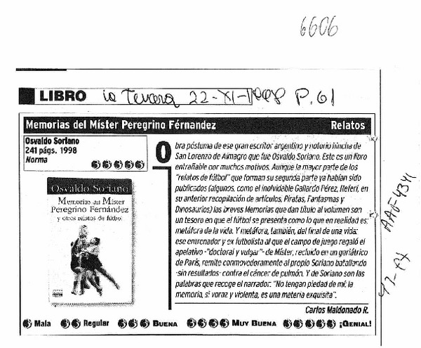 Memorias del míster Peregrino Fernández  [artículo] Carlos Maldonado R.