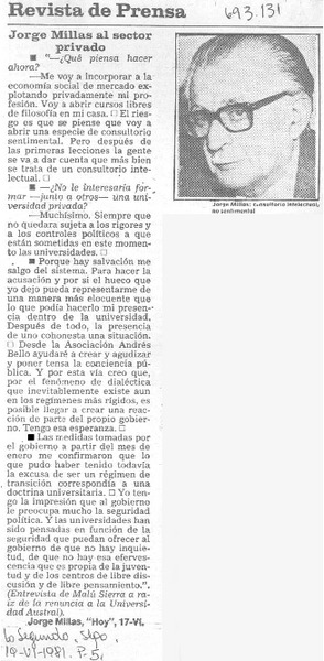 Jorge Millas al sector privado : [entrevista]