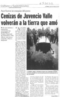 Cenizas de Juvencio Valle volverán a la tierra que amó  [artículo] Gonzalo Núñez V.