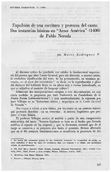 Expulsión de una escritura y promesa del canto. Dos instancias básicas en "Amor América" (1400) de Pablo Nerda