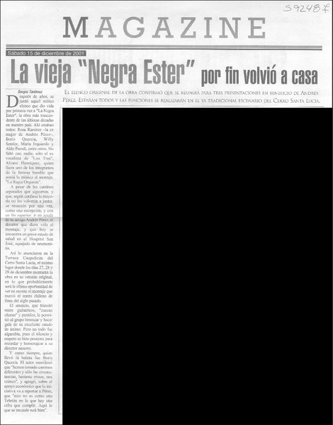 La vieja "Negra Ester" por fin volvió a casa  [artículo] Sergio Tanhnuz