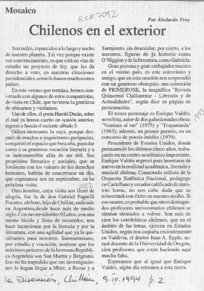 Chilenos en el exterior  [artículo] Abelardo Troy.