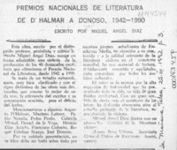 Premios Nacionales de Literatura de D'Halmar a Donoso, 1942-1990  [artículo] Laura Rosa Urbina.