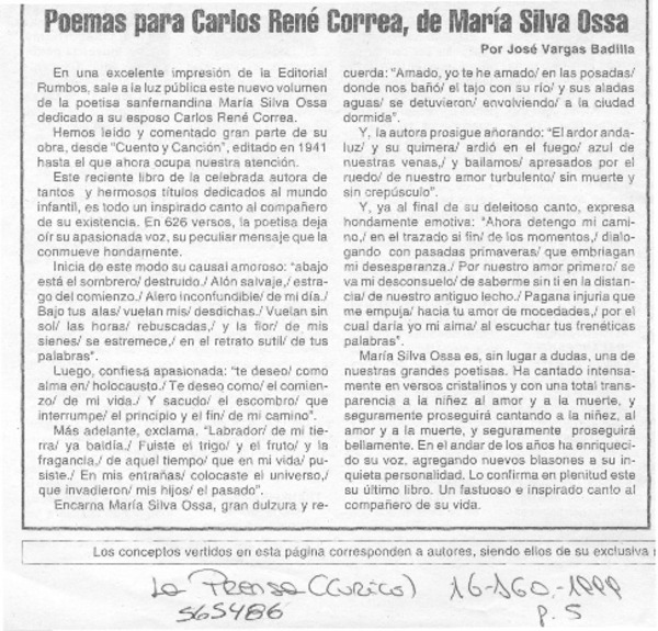 Poemas para Carlos René Correa, de María Silva Ossa