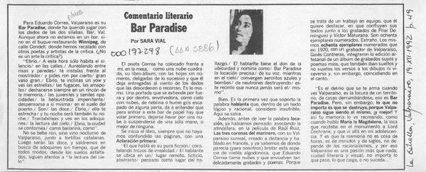 Bar Paradise  [artículo] Sara Vial.