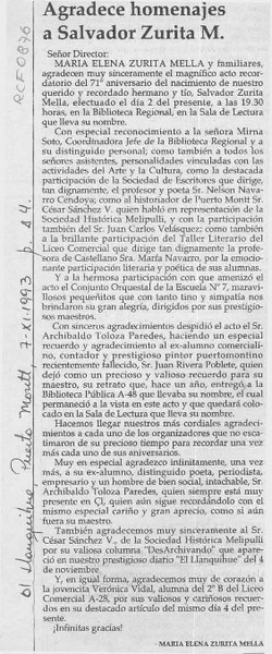 Agradece homenajes a Salvador Zurita M.  [artículo] María Elena Zurita Mella.