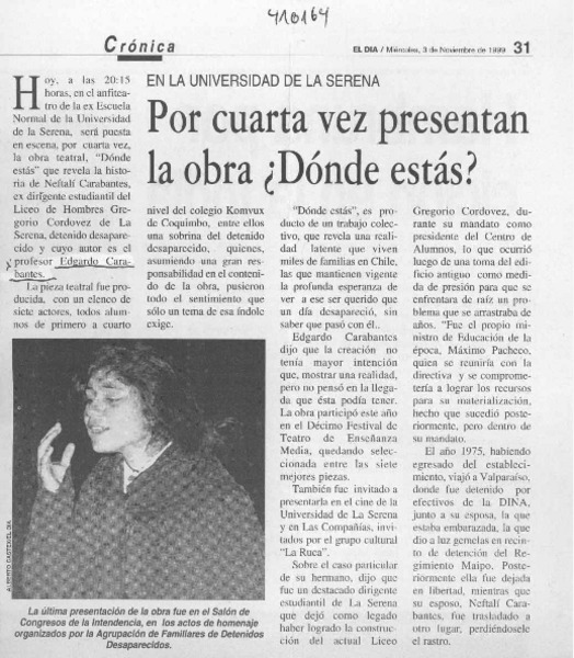 Por cuarta vez presentan la obra ¿Dónde estás?  [artículo]